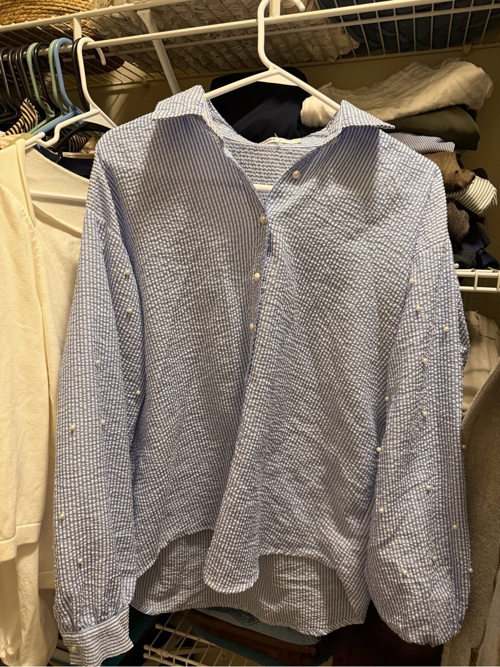 Light Blue Seersucker Button-Down Shirt with Pearl Accent